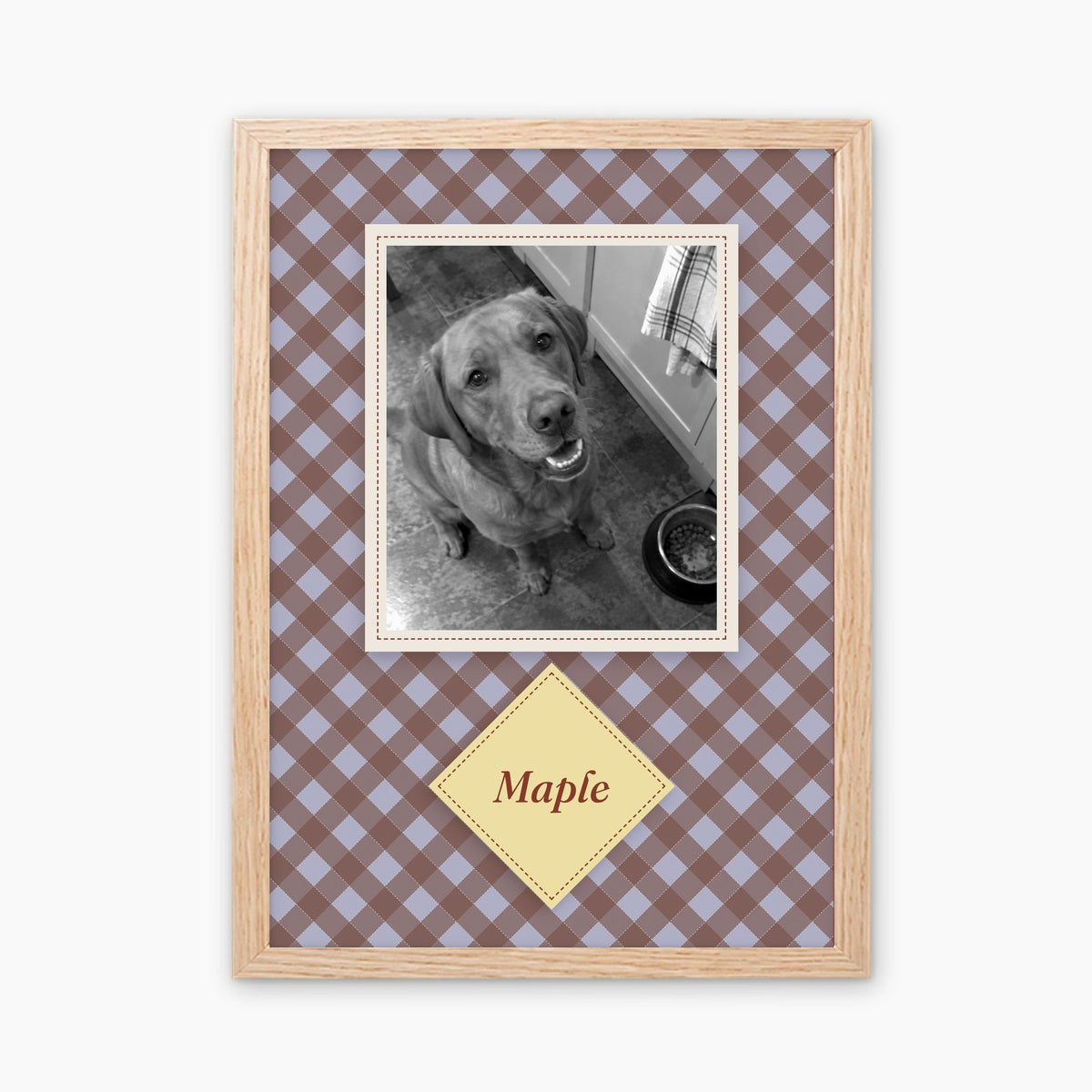 Picnic Check custom pet photo print in a light birch wood frame