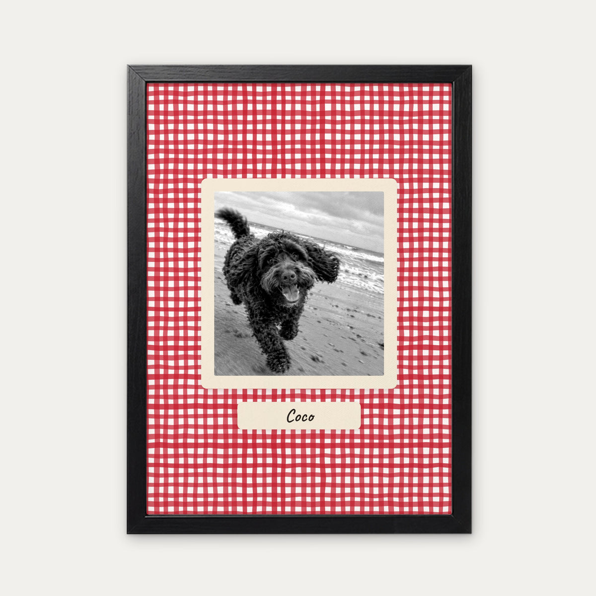 Red Gingham Picnic custom pet photo print in a black frame
