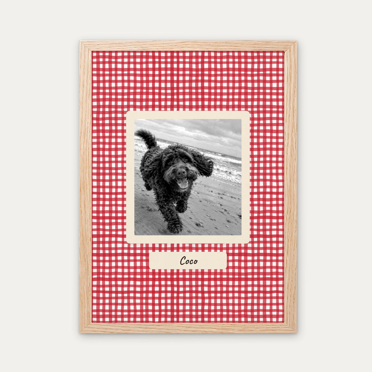 Red Gingham Picnic custom pet photo print in a light birch wood frame