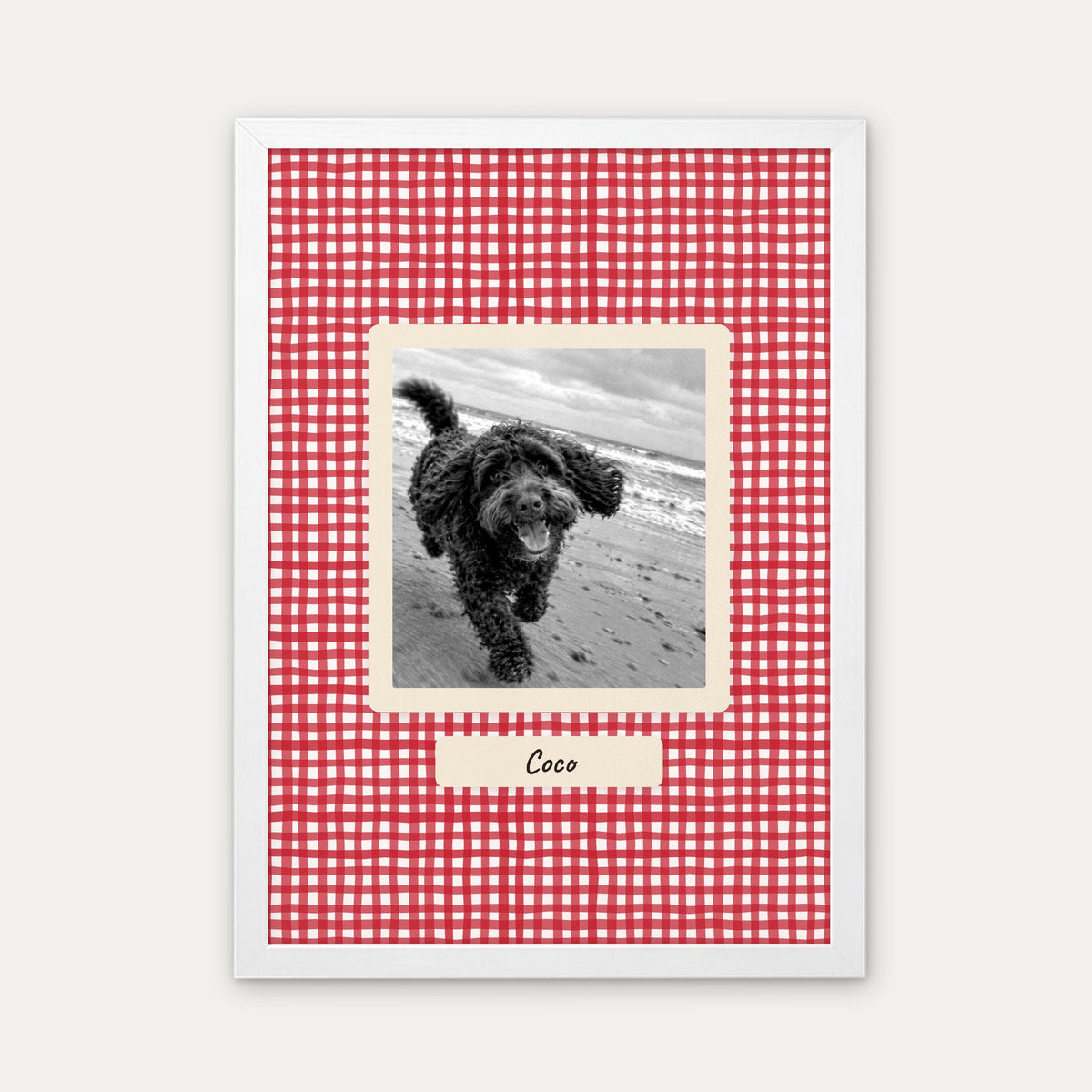 Red Gingham Picnic custom pet photo print in a white frame