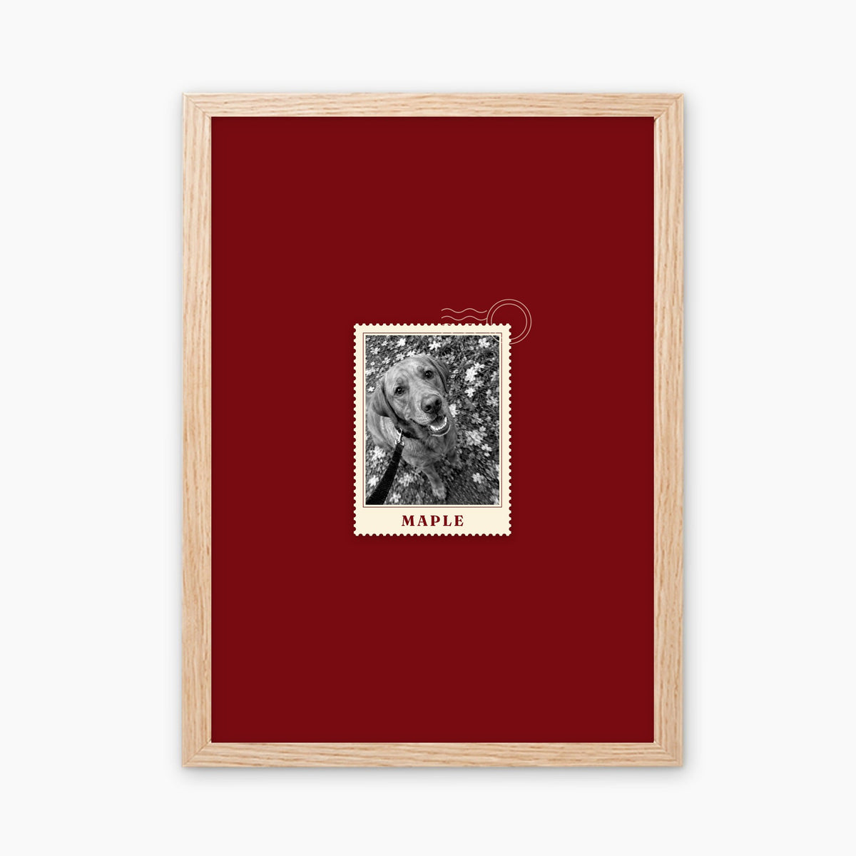 First Class custom pet photo print in a light birch wood frame