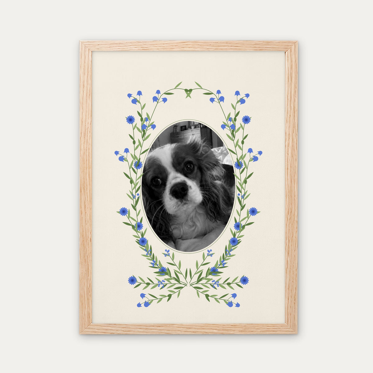 Wildflower Wreath custom pet photo print in a light birch wood frame
