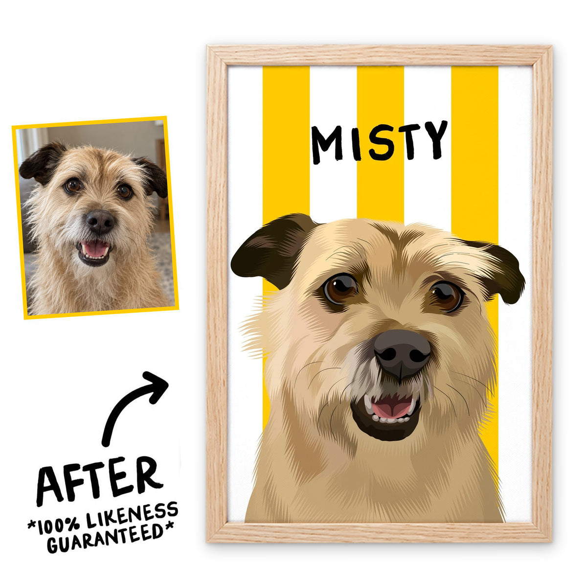 Beach Ball Yellow Stripy pet portrait in a light birch frame, before and after, 100% likeness guaranteed