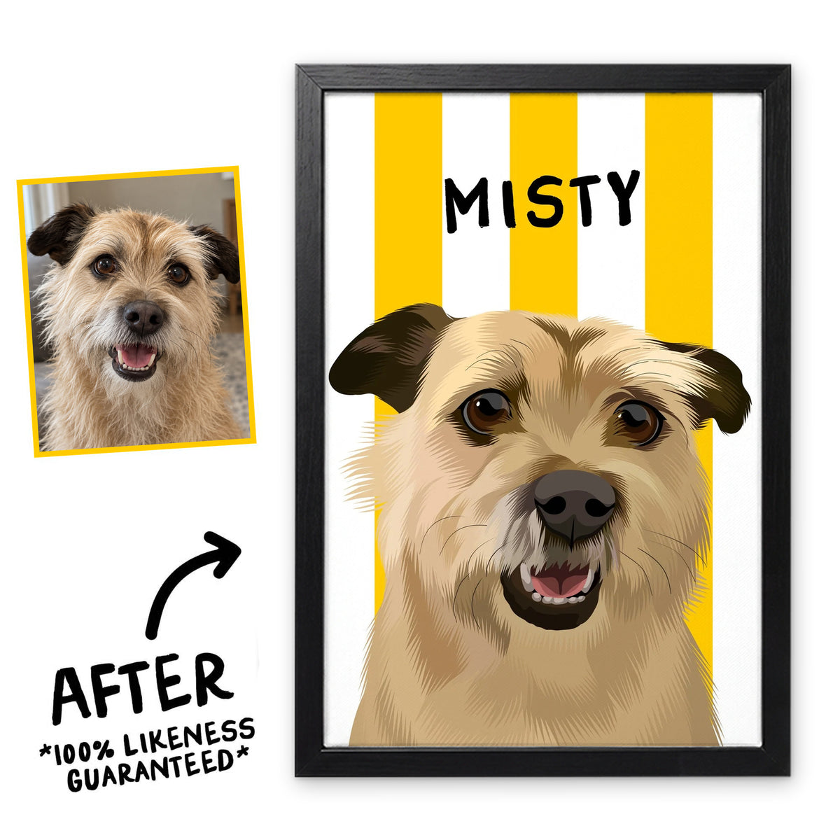 Beach Ball Yellow Stripy pet portrait in a black frame, before and after, 100% likeness guaranteed