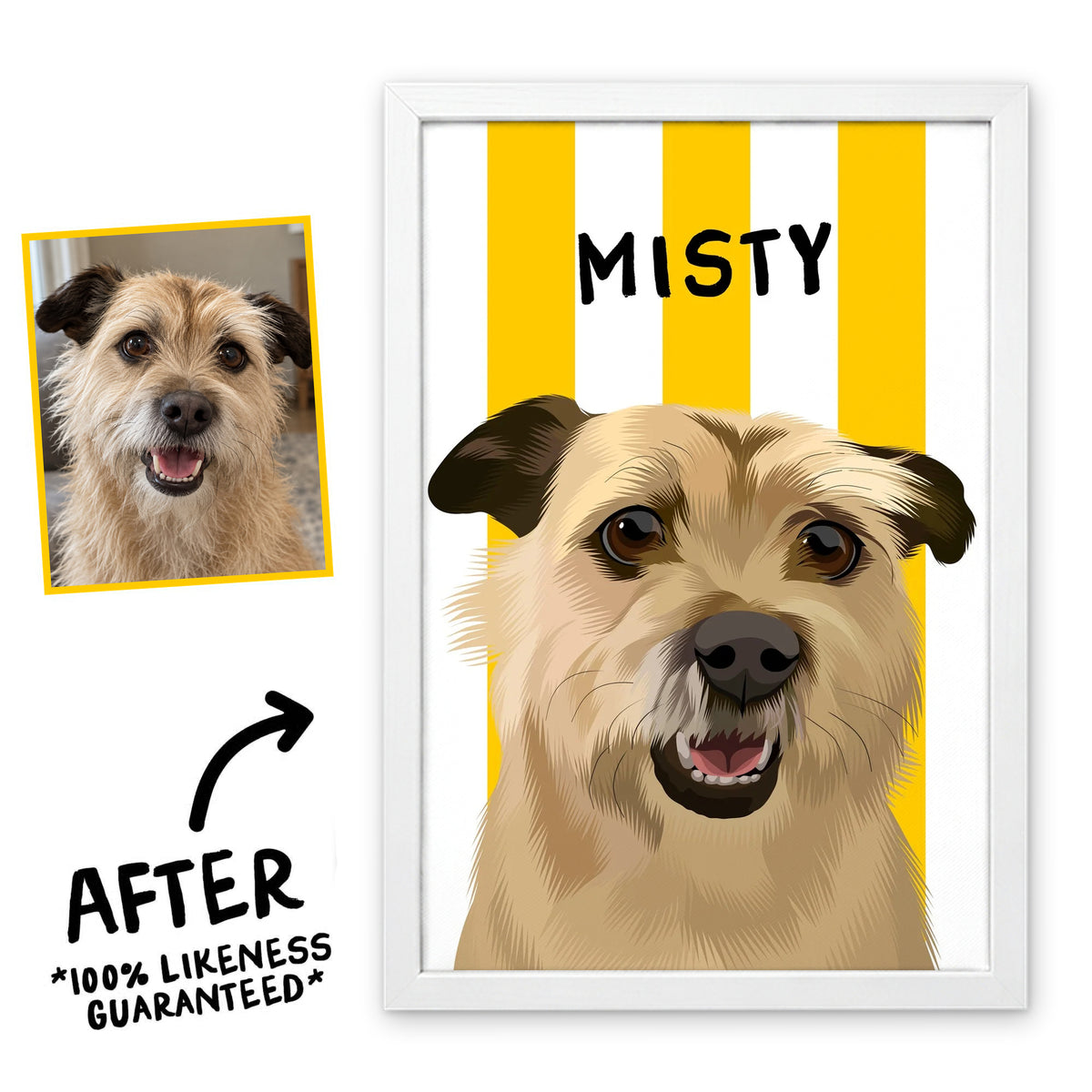 Beach Ball Yellow Stripy pet portrait in a white frame, before and after, 100% likeness guaranteed