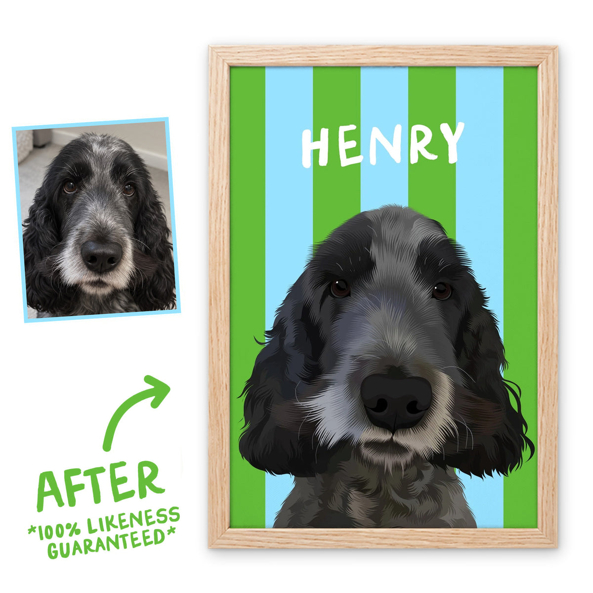 Green & Sky Blue Stripy pet portrait in a light birch frame, before and after, 100% likeness guaranteed