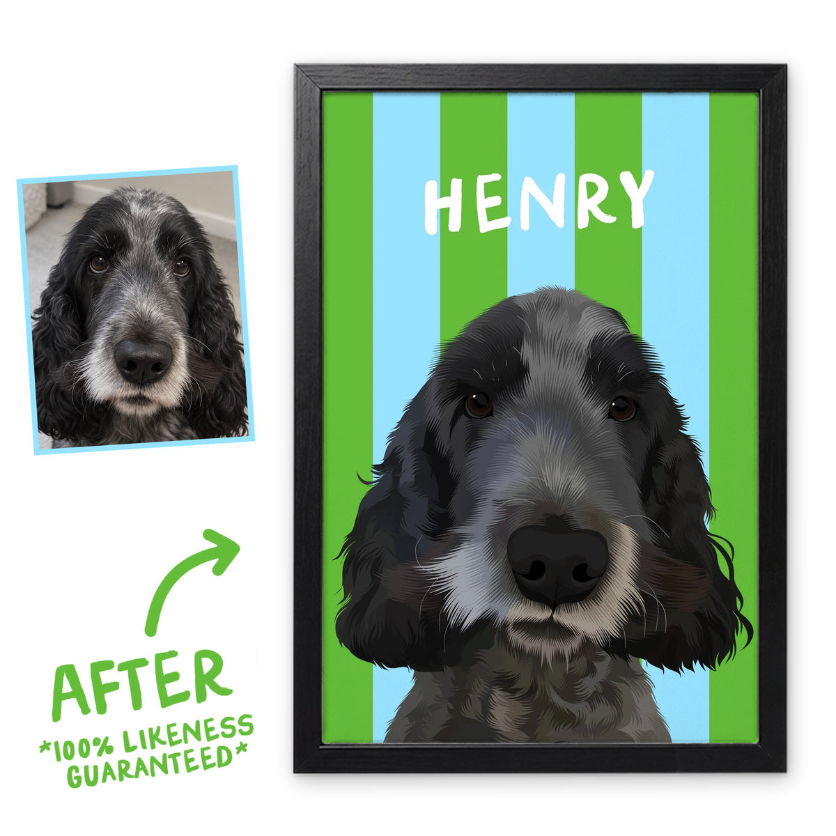 Green & Sky Blue Stripy pet portrait in a black frame, before and after, 100% likeness guaranteed