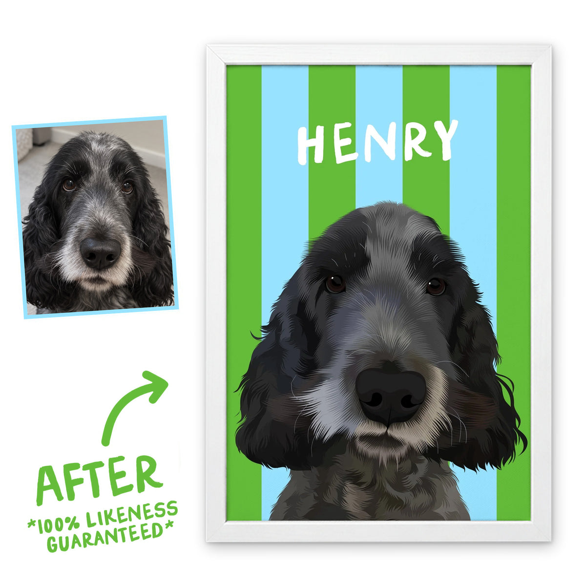 Green & Sky Blue Stripy pet portrait in a white frame, before and after, 100% likeness guaranteed