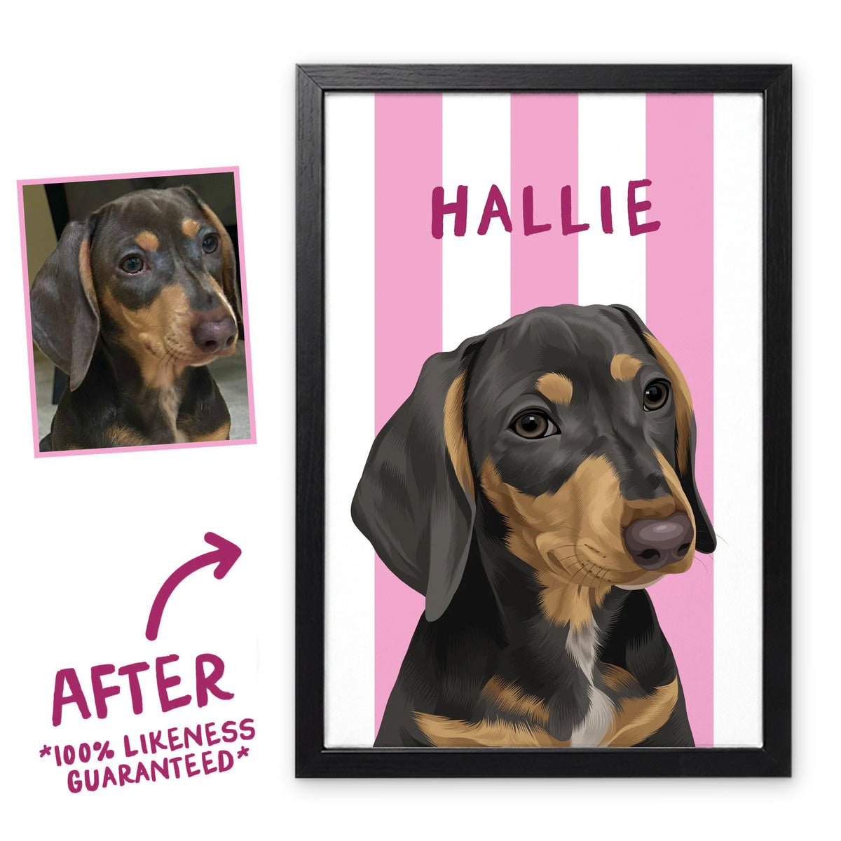 Hot Pink Stripy pet portrait in a black frame, before and after, 100% likeness guaranteed