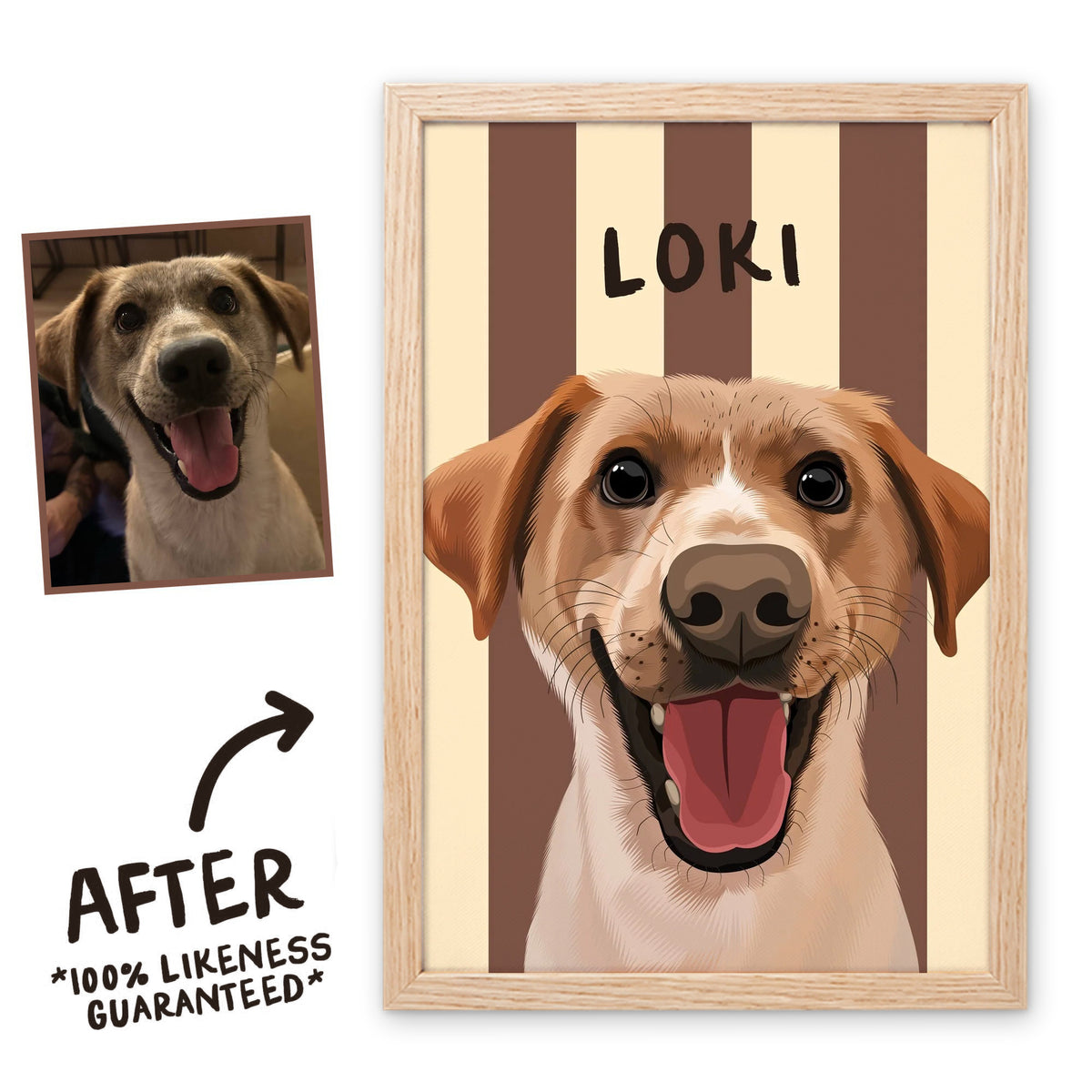 Sand Beige Stripy pet portrait in a light birch frame, before and after, 100% likeness guaranteed