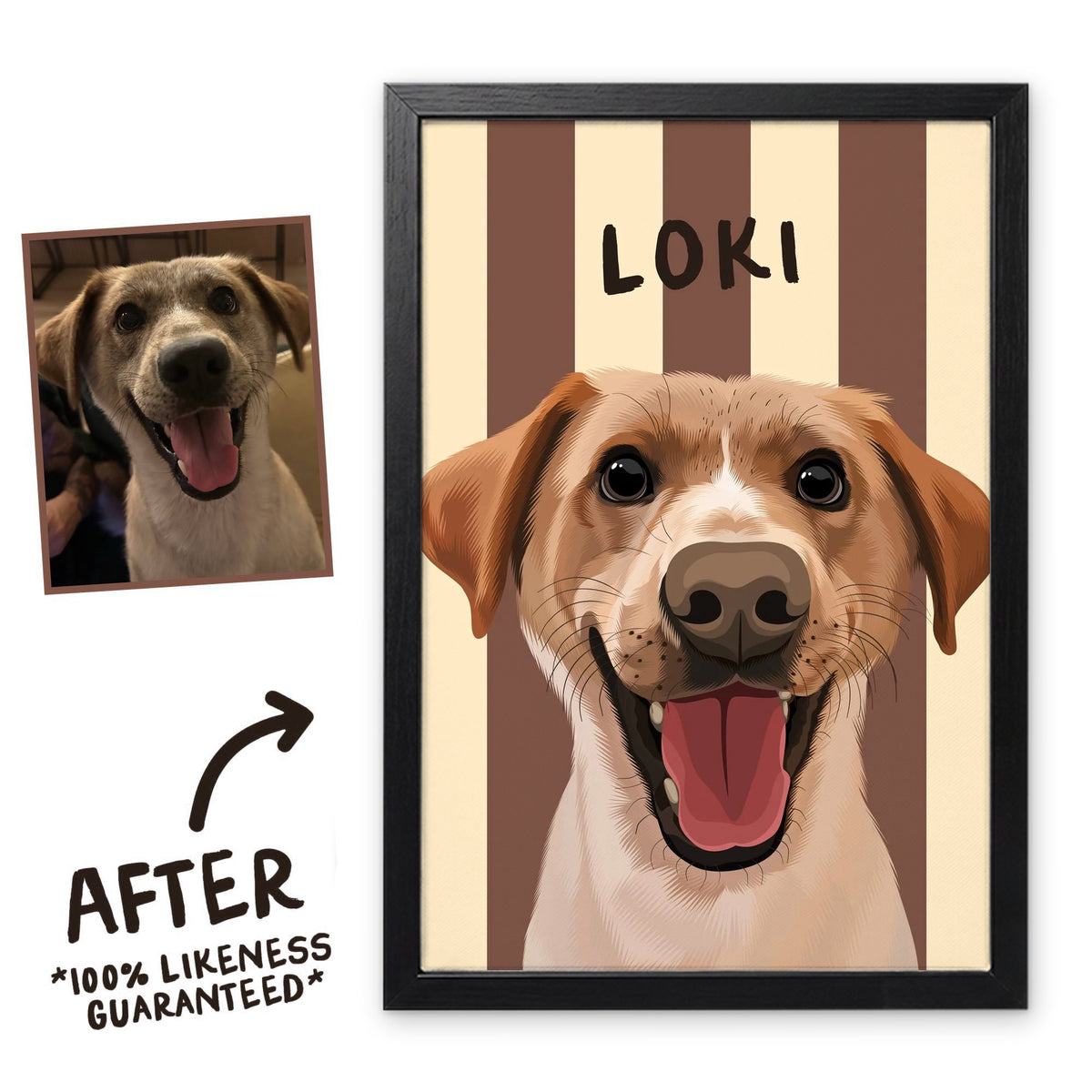 Sand Beige Stripy pet portrait in a black frame, before and after, 100% likeness guaranteed