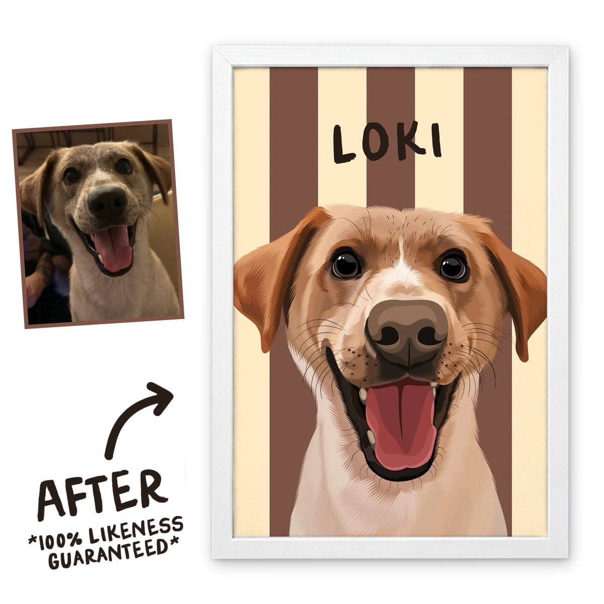 Sand Beige Stripy pet portrait in a white frame, before and after, 100% likeness guaranteed