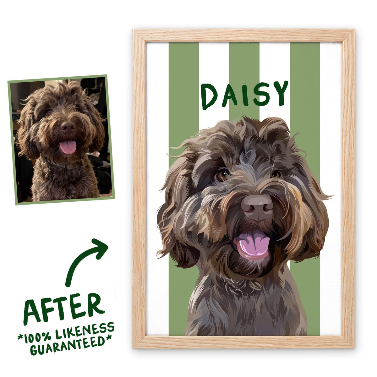 Seaweed Green Stripy pet portrait in a light birch frame, before and after, 100% likeness guaranteed