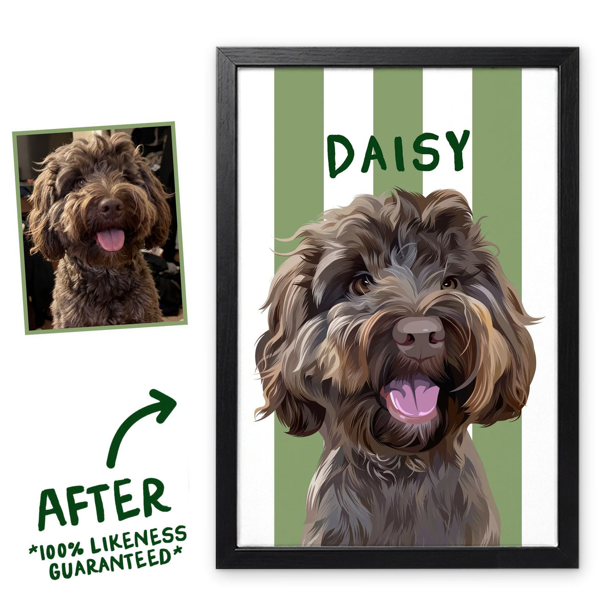 Seaweed Green Stripy pet portrait in a black frame, before and after, 100% likeness guaranteed