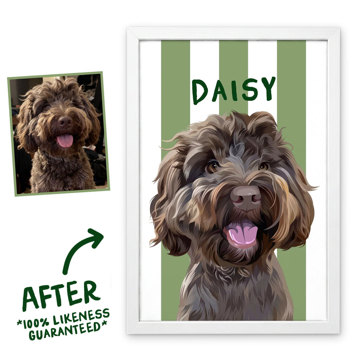 Seaweed Green Stripy pet portrait in a white frame, before and after, 100% likeness guaranteed