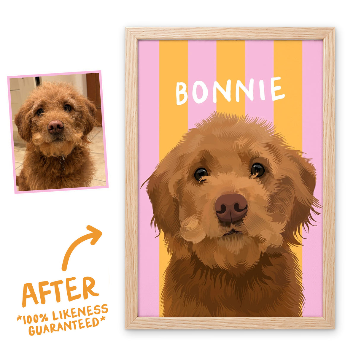 Sorbet Orange Stripy pet portrait in a light birch frame, before and after, 100% likeness guaranteed
