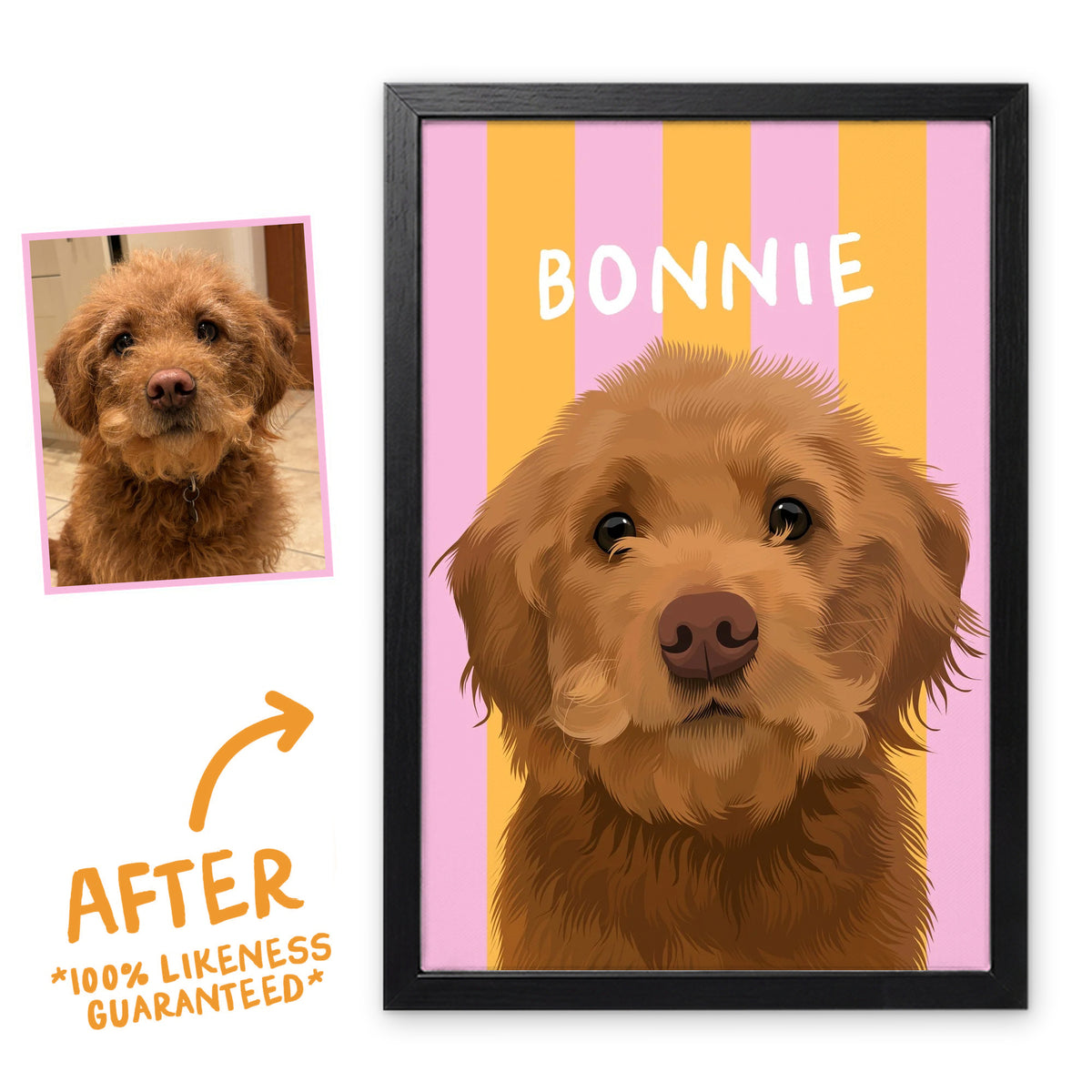 Sorbet Orange Stripy pet portrait in a black frame, before and after, 100% likeness guaranteed