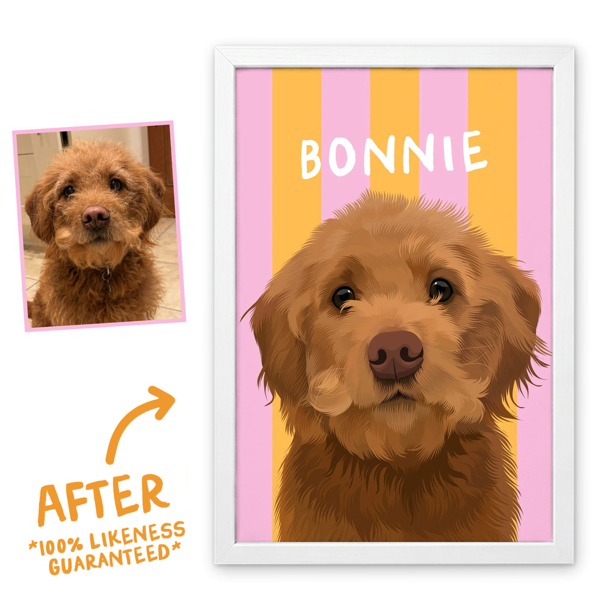 Sorbet Orange Stripy pet portrait in a white frame, before and after, 100% likeness guaranteed