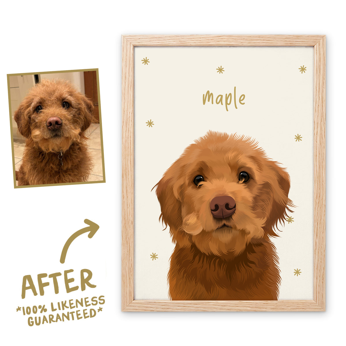 Cloud White Sunday Morning pet portrait of Maple in a light birch frame, before and after, 100% likeness guaranteed