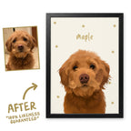 Cloud White Sunday Morning pet portrait of Maple in a black frame, before and after, 100% likeness guaranteed
