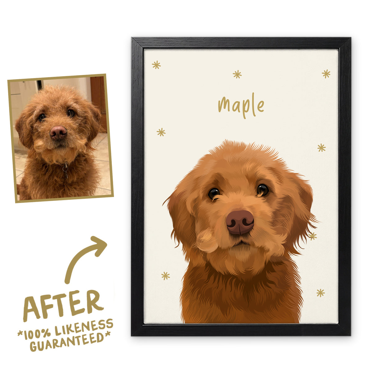 Cloud White Sunday Morning pet portrait of Maple in a black frame, before and after, 100% likeness guaranteed