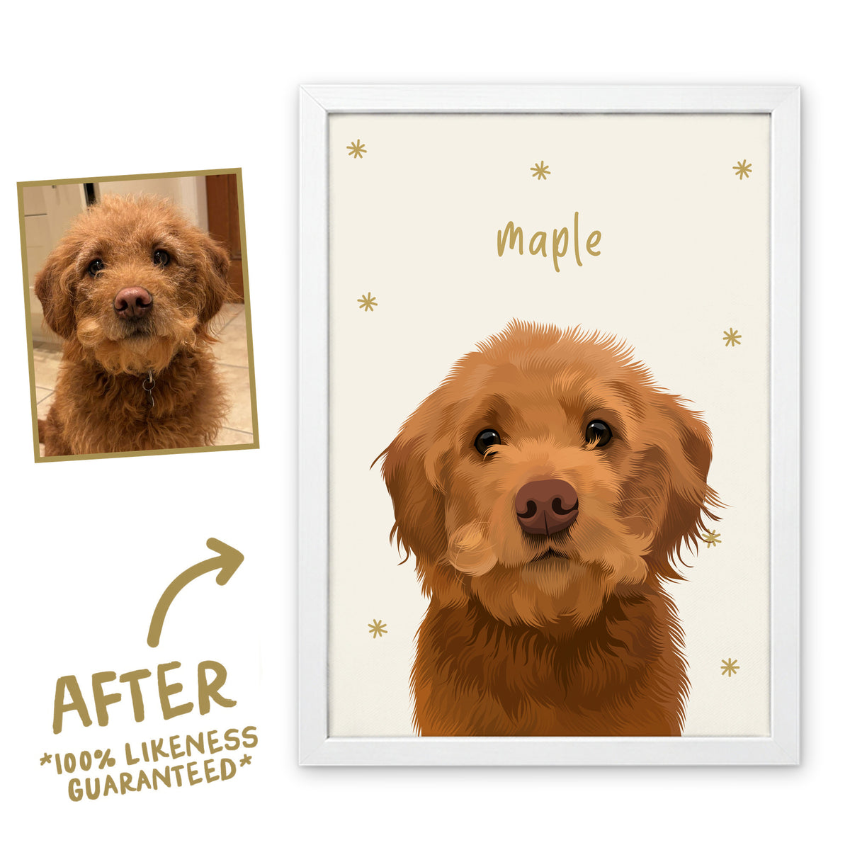 Cloud White Sunday Morning pet portrait of Maple in a white frame, before and after, 100% likeness guaranteed