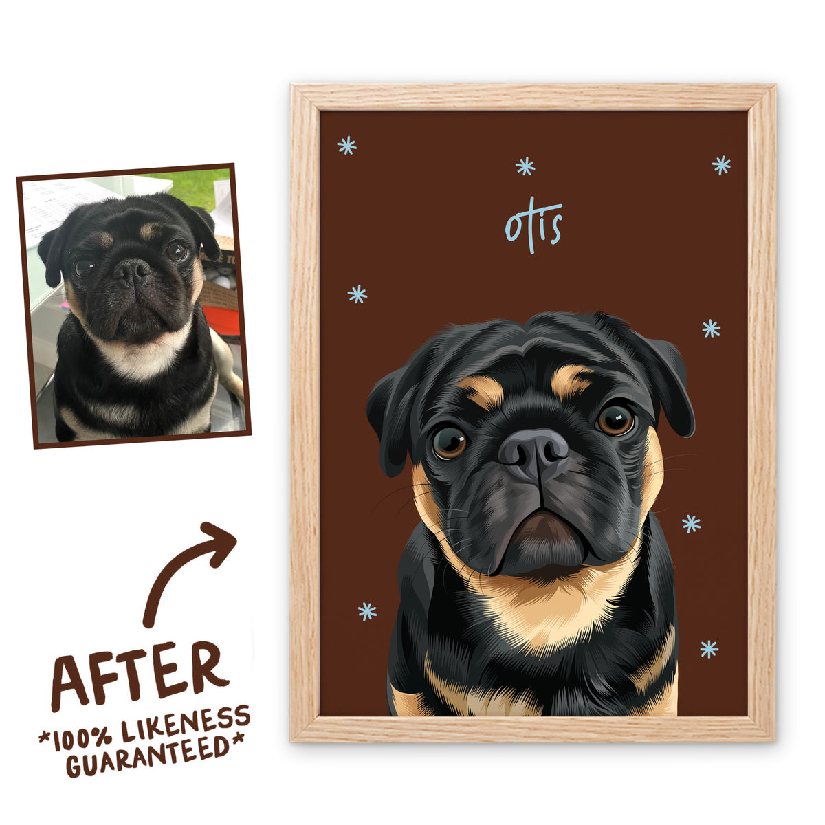 Espresso Sunday Morning pet portrait of Otis in a light birch frame, before and after, 100% likeness guaranteed