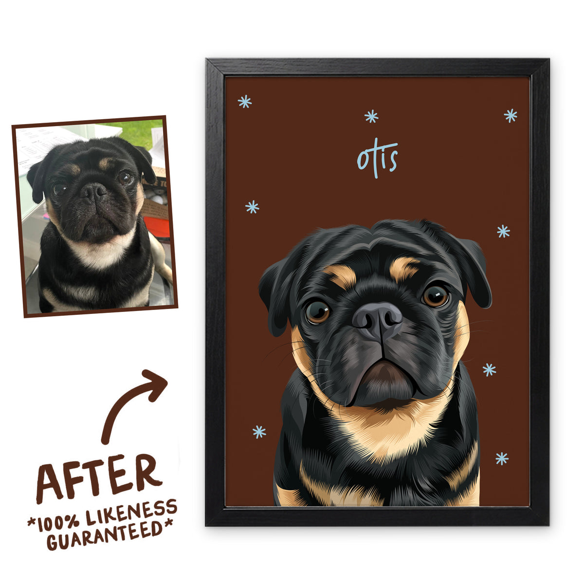 Espresso Sunday Morning pet portrait of Otis in a black frame, before and after, 100% likeness guaranteed
