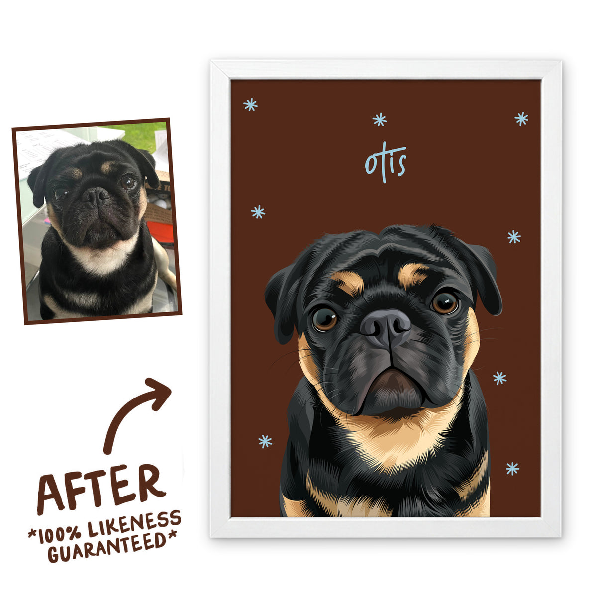 Espresso Sunday Morning pet portrait of Otis in a white frame, before and after, 100% likeness guaranteed