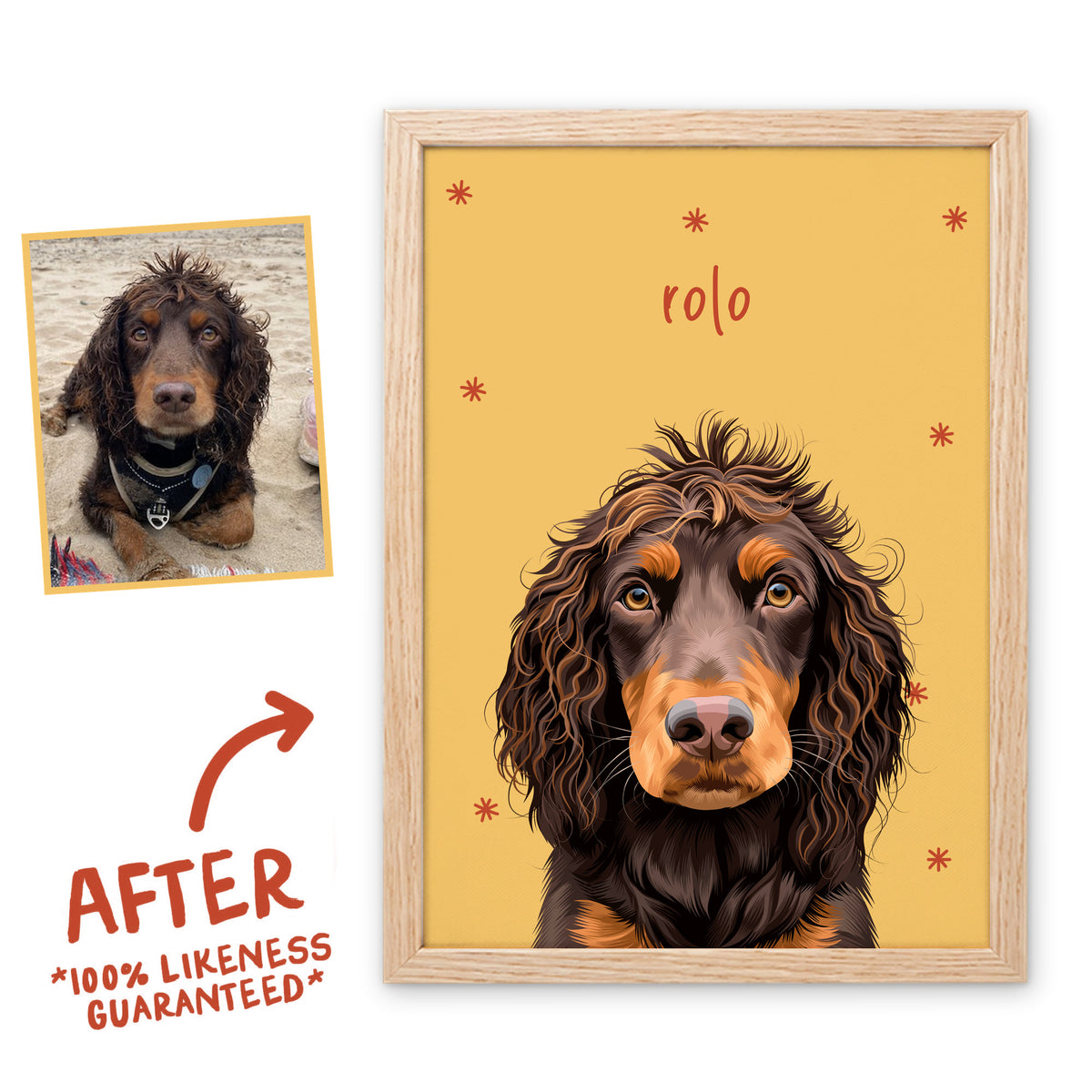 Golden Honey Sunday Morning pet portrait of Rolo in a light birch frame, before and after, 100% likeness guaranteed