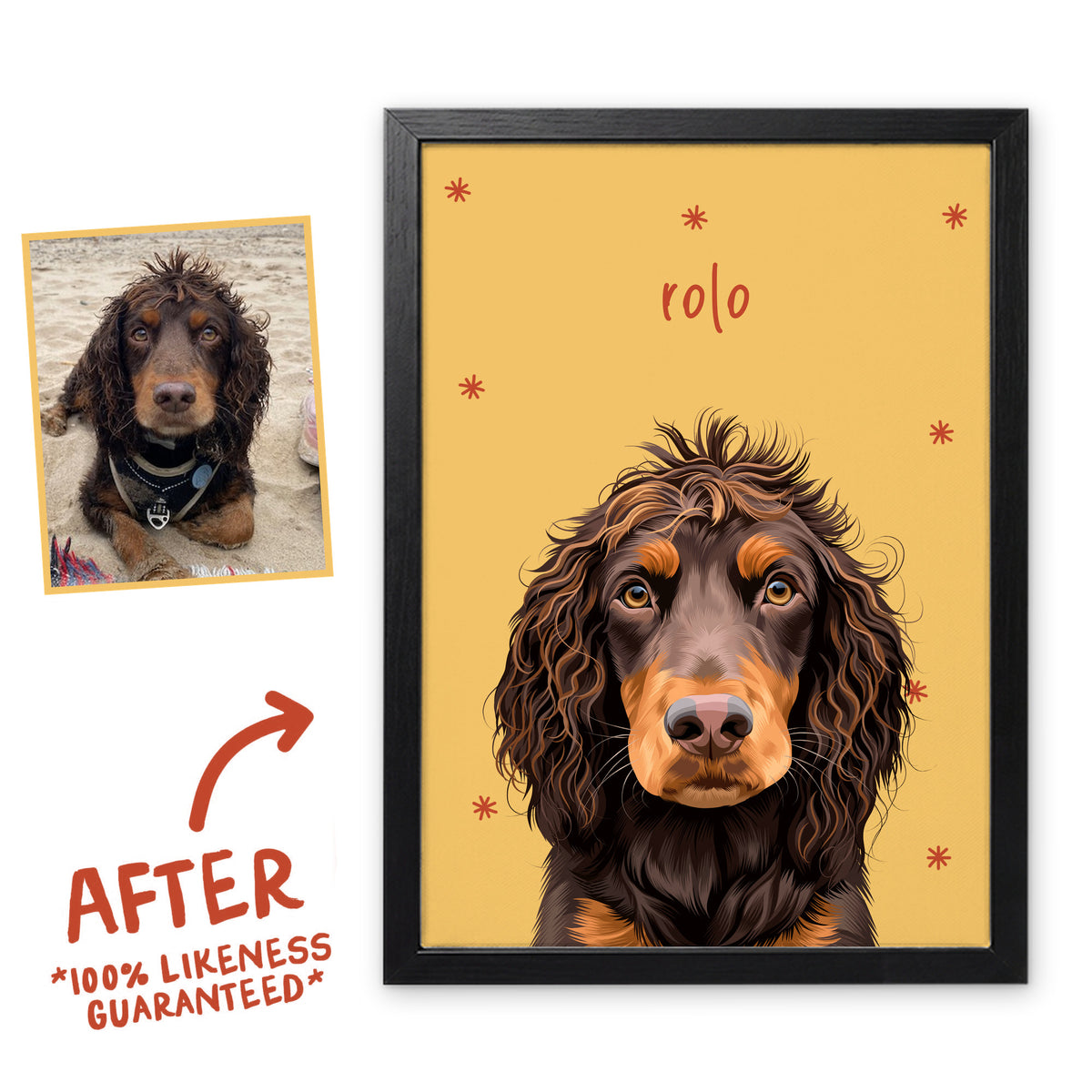 Golden Honey Sunday Morning pet portrait of Rolo in a black frame, before and after, 100% likeness guaranteed