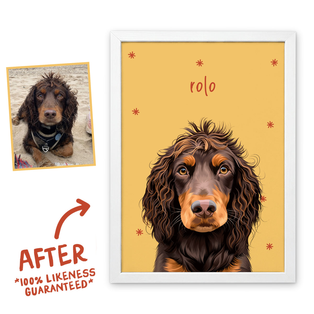 Golden Honey Sunday Morning pet portrait of Rolo in a white frame, before and after, 100% likeness guaranteed