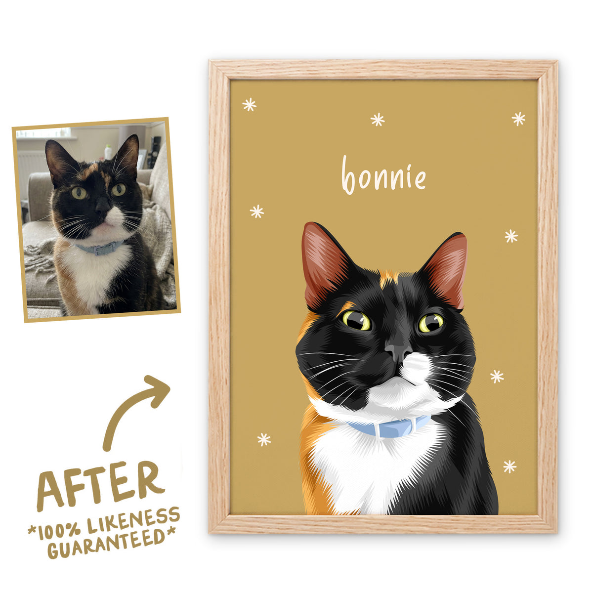 Muddy Water Sunday Morning pet portrait of Bonnie the cat in a light birch frame, before and after, 100% likeness guaranteed