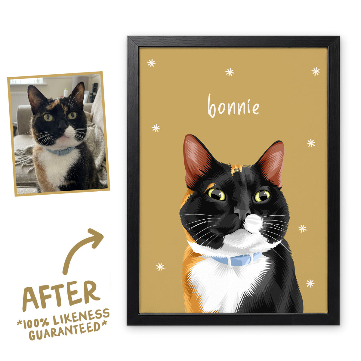 Muddy Water Sunday Morning pet portrait of Bonnie the cat in a black frame, before and after, 100% likeness guaranteed