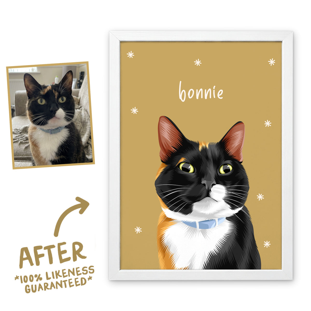 Muddy Water Sunday Morning pet portrait of Bonnie the cat in a white frame, before and after, 100% likeness guaranteed