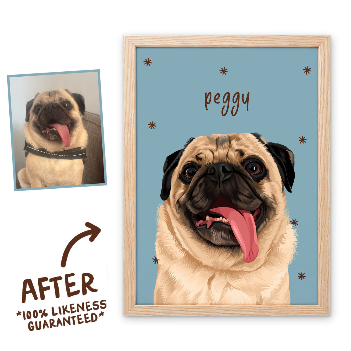 Porcelain Blue Sunday Morning pet portrait of Peggy in a light birch frame, before and after, 100% likeness guaranteed