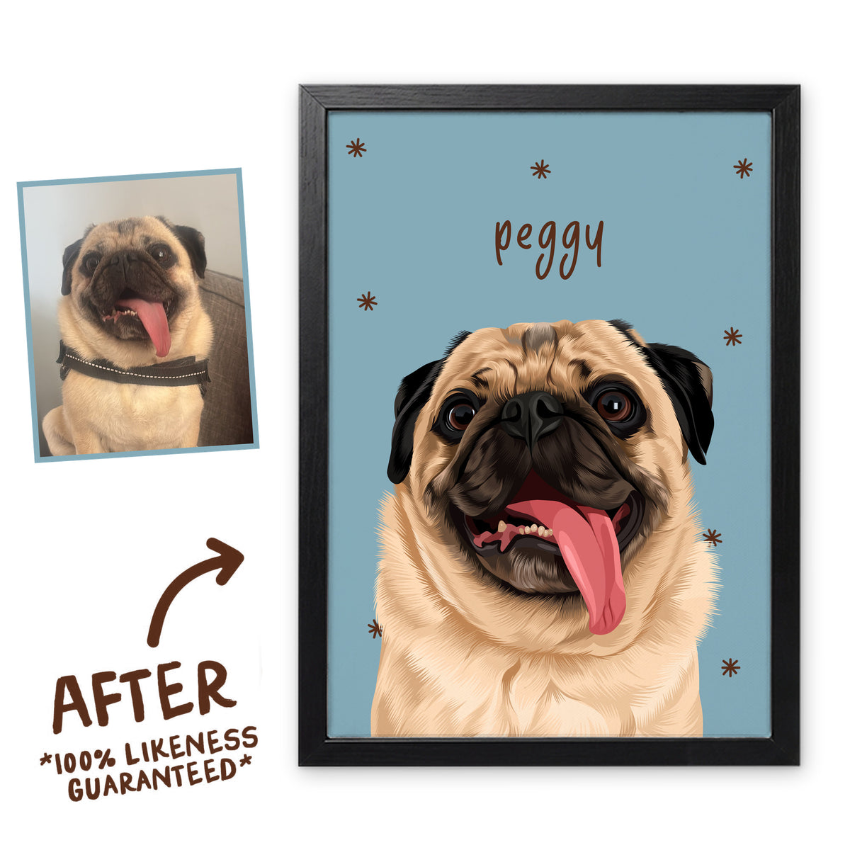 Porcelain Blue Sunday Morning pet portrait of Peggy in a black frame, before and after, 100% likeness guaranteed
