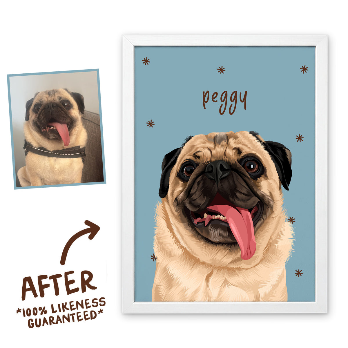 Porcelain Blue Sunday Morning pet portrait of Peggy in a white frame, before and after, 100% likeness guaranteed