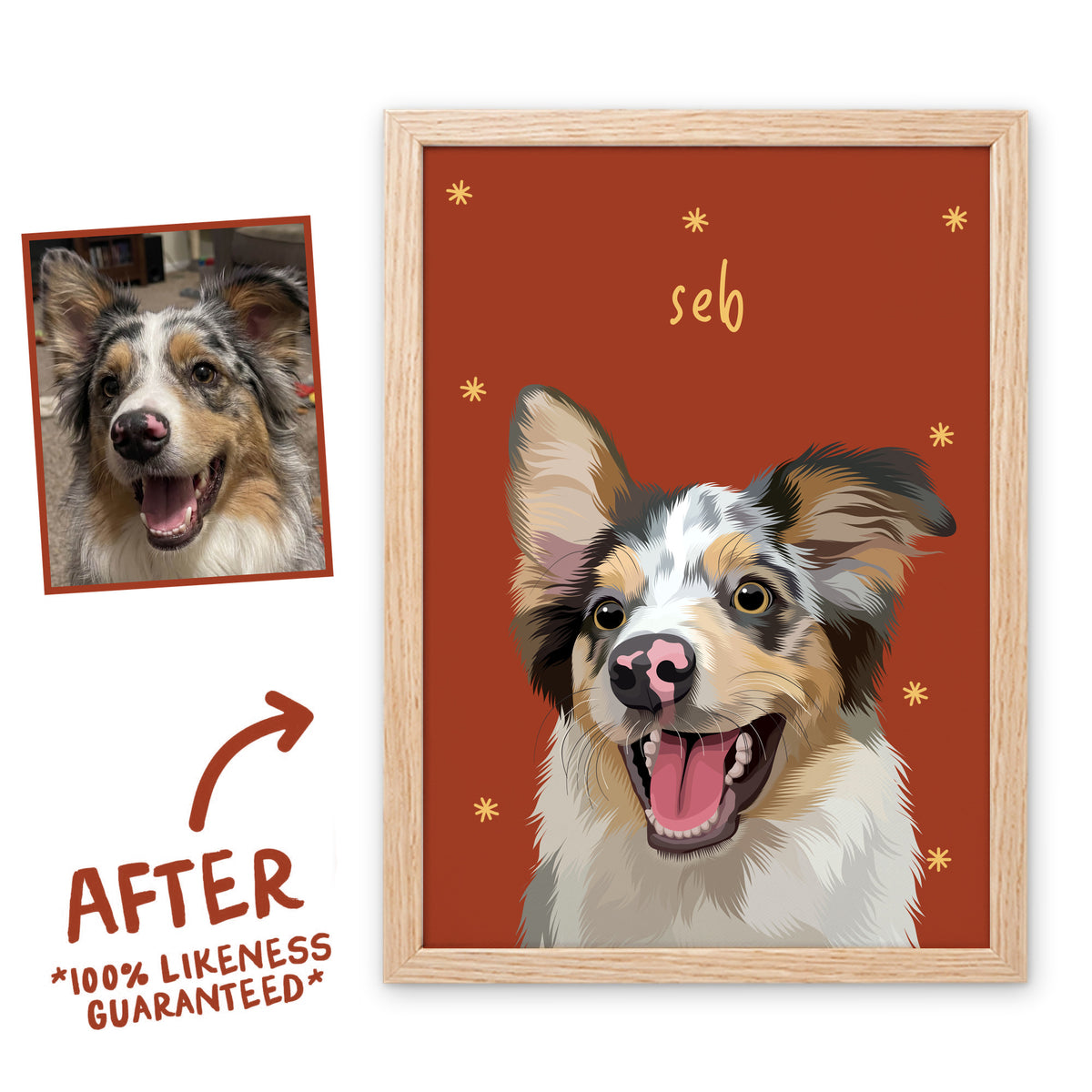 Terracotta Sunday Morning pet portrait of Seb in a light birch frame, before and after, 100% likeness guaranteed