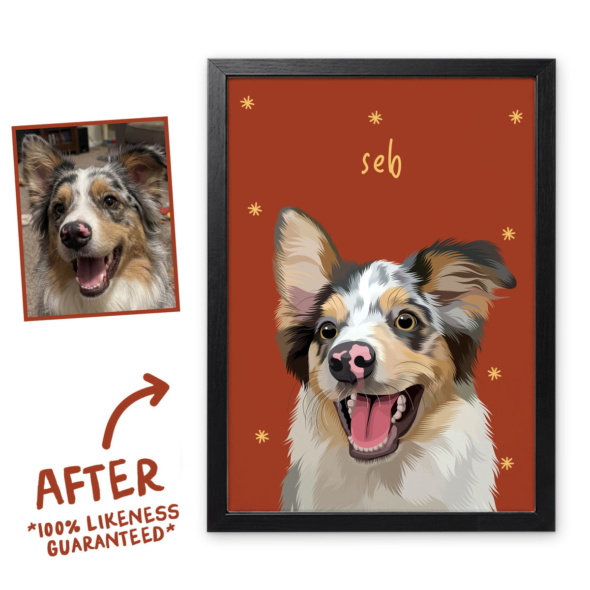 Terracotta Sunday Morning pet portrait of Seb in a black frame, before and after, 100% likeness guaranteed