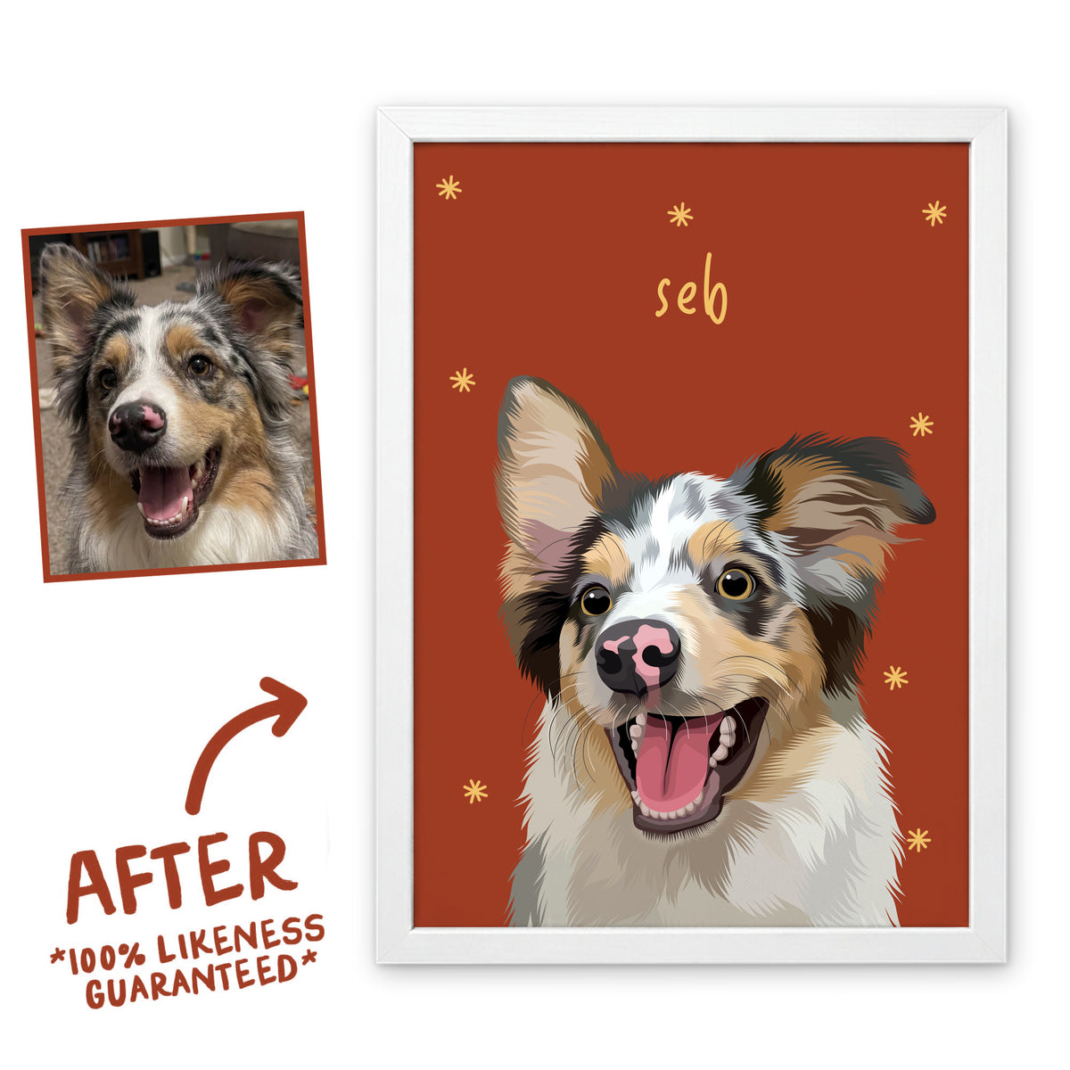 Terracotta Sunday Morning pet portrait of Seb in a white frame, before and after, 100% likeness guaranteed