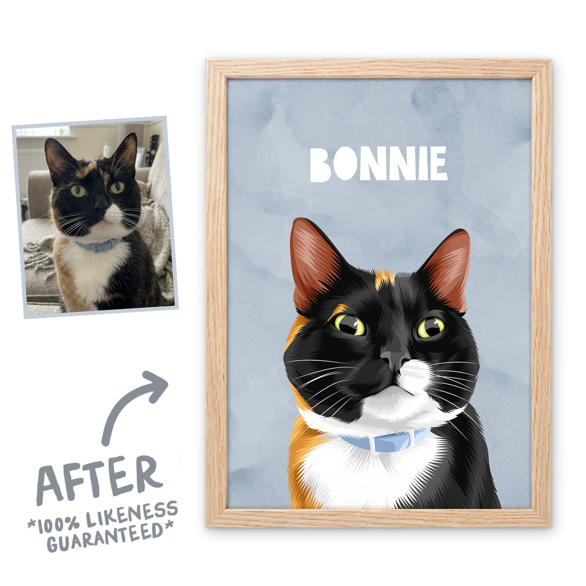 Cloud Wanderer pet portrait of Bonnie the cat in a light birch frame, before and after, 100% likeness guaranteed