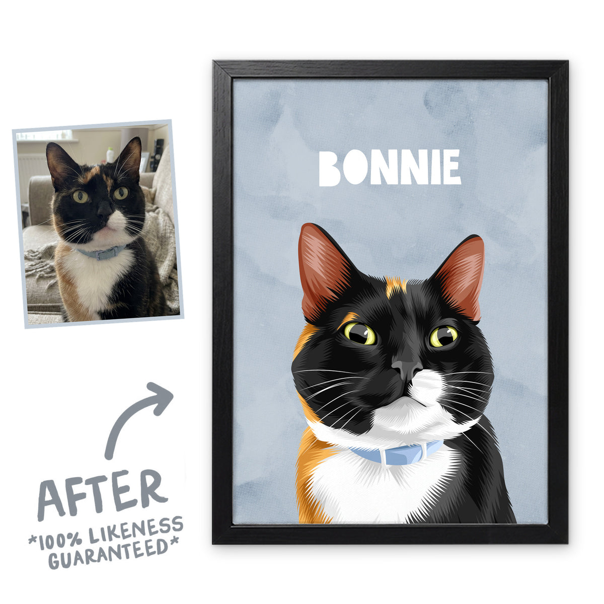 Cloud Wanderer pet portrait of Bonnie the cat in a black frame, before and after, 100% likeness guaranteed