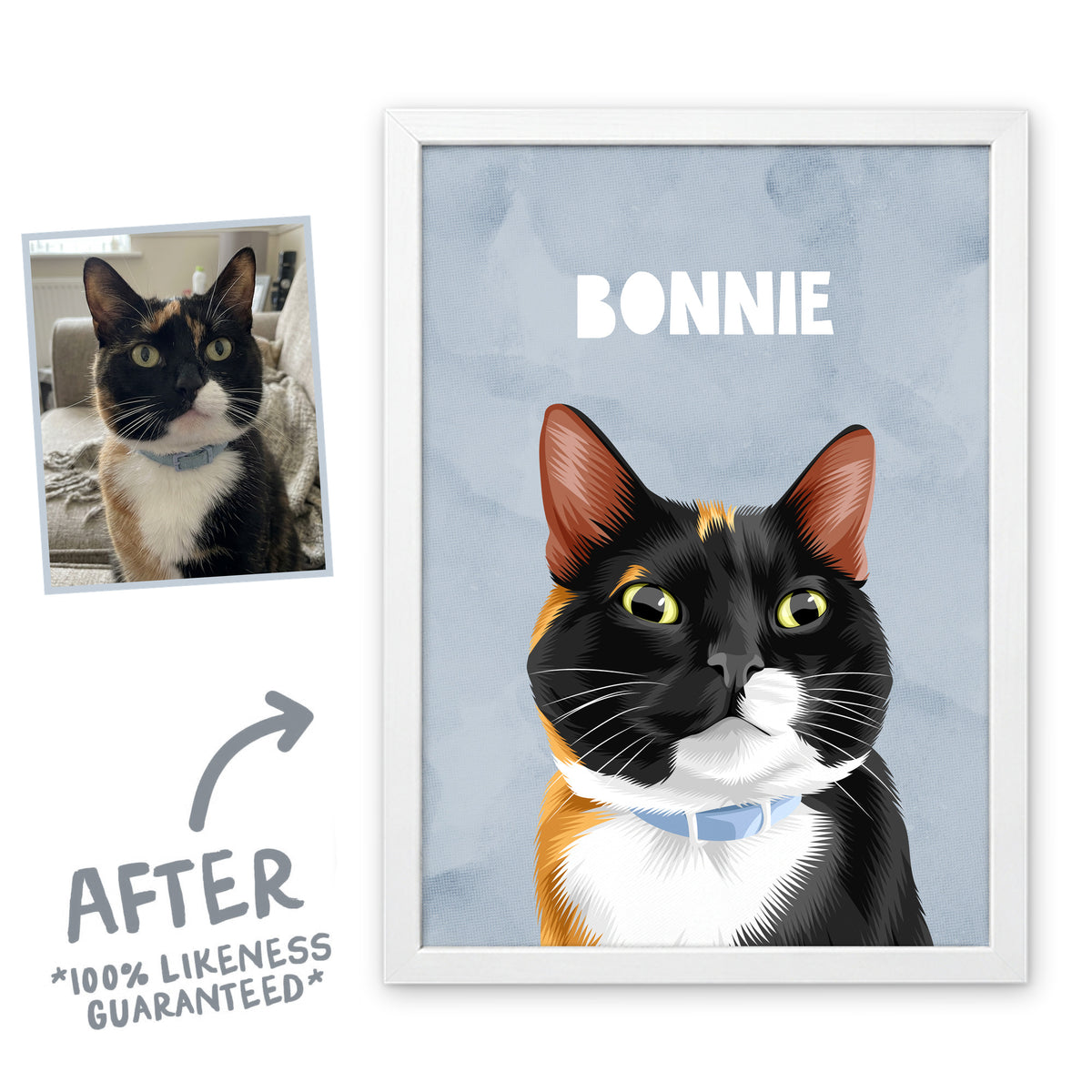 Cloud Wanderer pet portrait of Bonnie the cat in a white frame, before and after, 100% likeness guaranteed