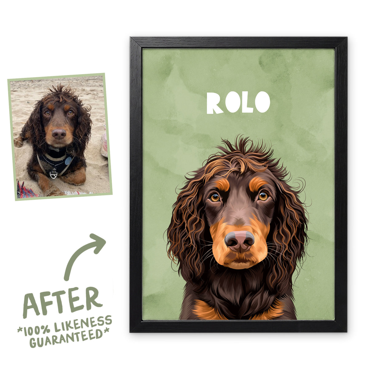 Meadow Wanderer pet portrait of Rolo in a black frame, before and after, 100% likeness guaranteed