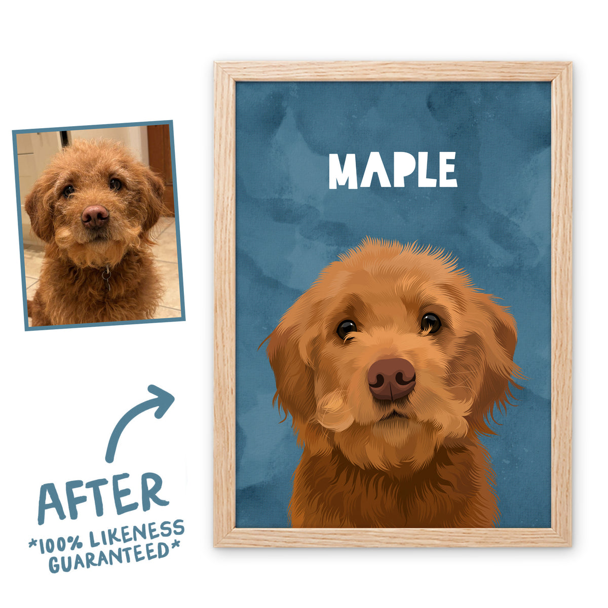 Ocean Blue Wanderer pet portrait of Maple in a light birch frame, before and after, 100% likeness guaranteed