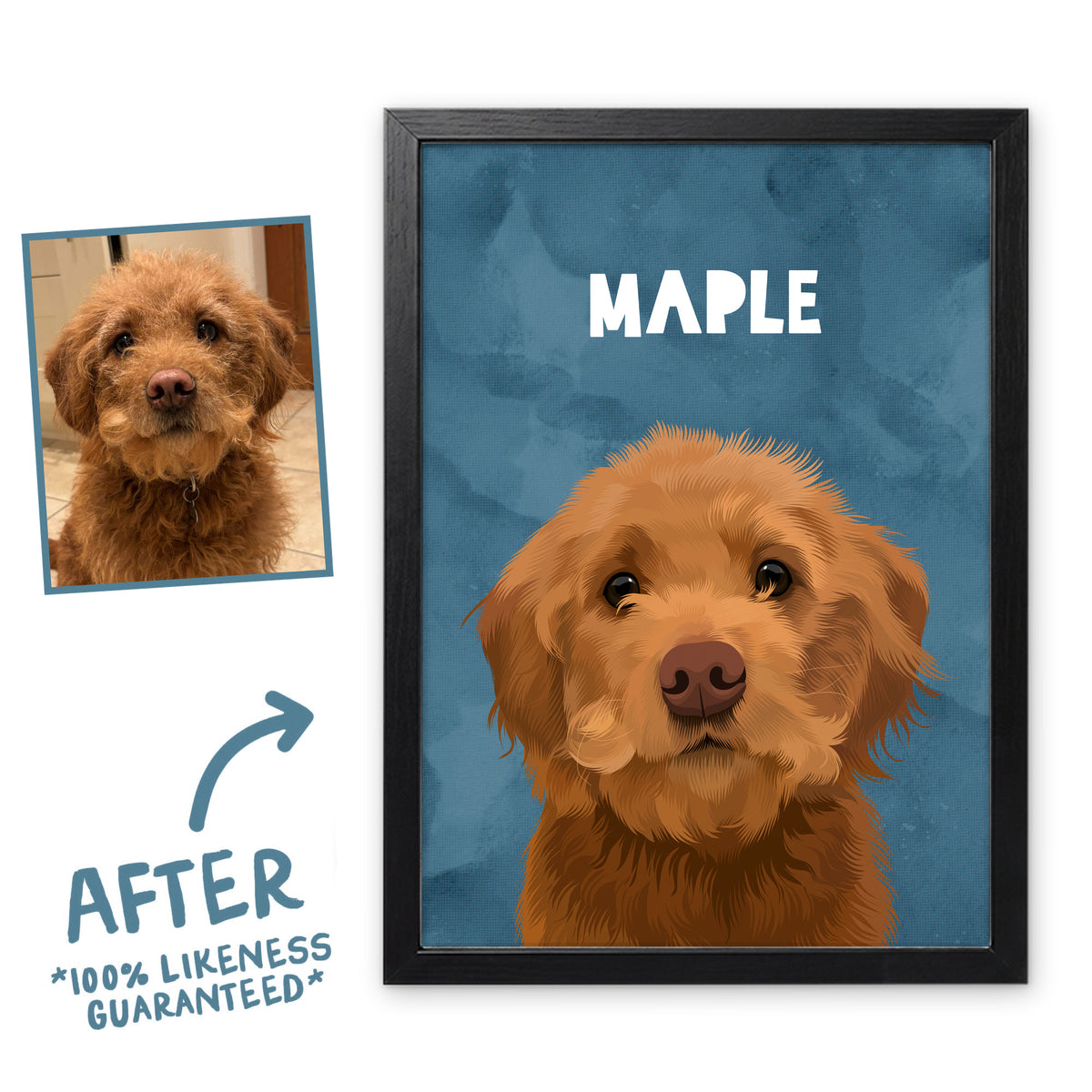 Ocean Blue Wanderer pet portrait of Maple in a black frame, before and after, 100% likeness guaranteed