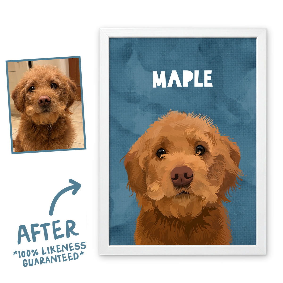 Ocean Blue Wanderer pet portrait of Maple in a white frame, before and after, 100% likeness guaranteed