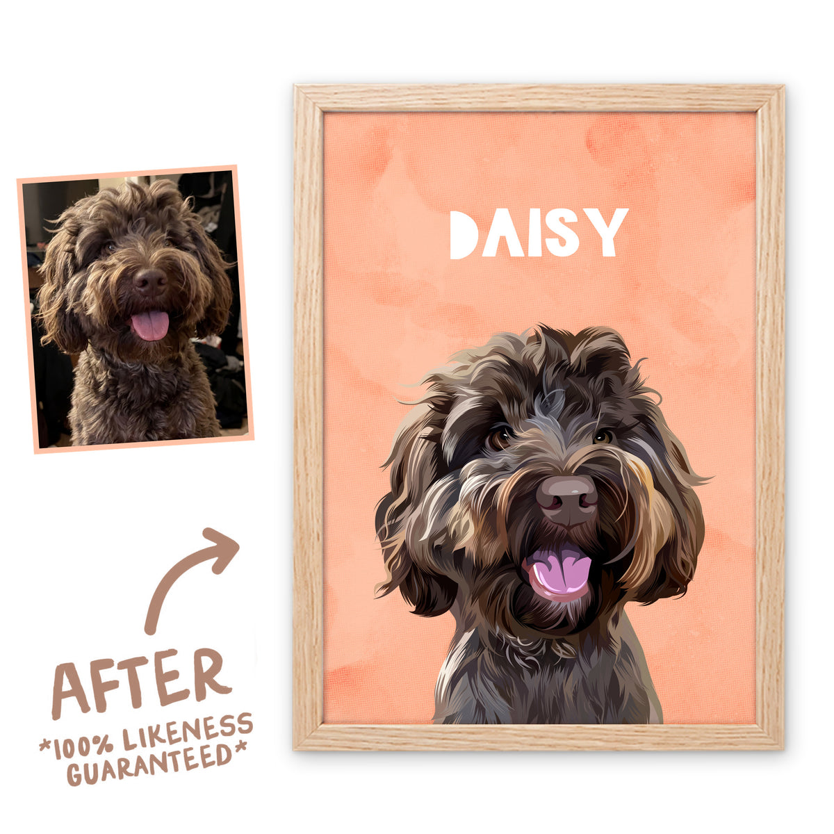 Peach Wanderer pet portrait of Daisy in a light birch frame, before and after, 100% likeness guaranteed