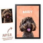 Peach Wanderer pet portrait of Daisy in a black frame, before and after, 100% likeness guaranteed